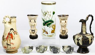 Asian Style Nephrite Jade, Pottery and Glass Decorative Assortment