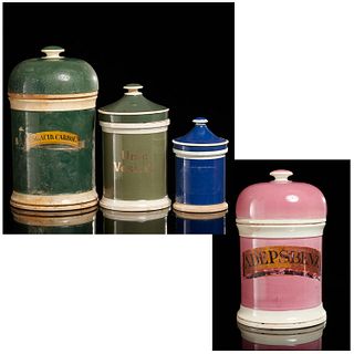 (4) Blue, green, pink porcelain apothecary jars