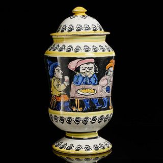 Continental faience footed drug jar, digestion