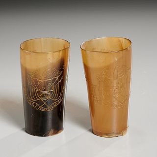Pair carved horn Boer prisoner of war cups