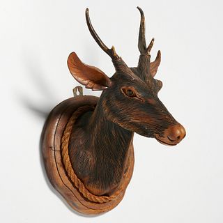 Black Forest carved, painted wood deer trophy