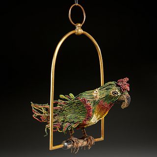 Antique Italian beaded perched parrot lamp