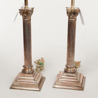 Pair silver plated Corinthian column lamps