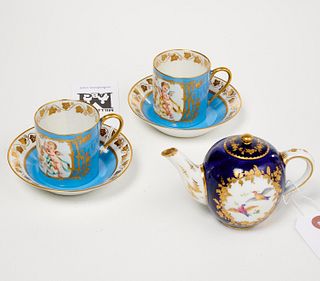 Sevres style porcelain cups and miniature teapot