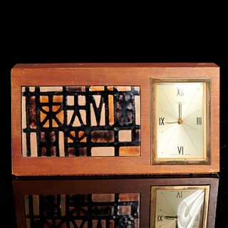 Mid-Century Modern teakwood and enamel table clock
