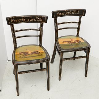 Pair English painted equestrian theme chairs