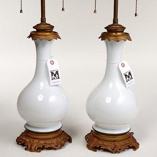 Pair Louis Philippe white opaline glass vase lamps