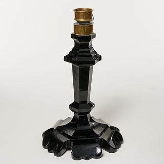 Large Victorian faceted black glass candle holder