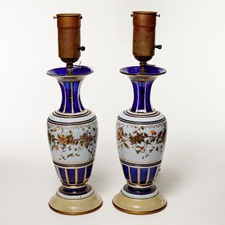 Pair Bohemian enameled cased glass vase lamps