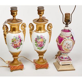 (3) Old Paris painted porcelain lamps