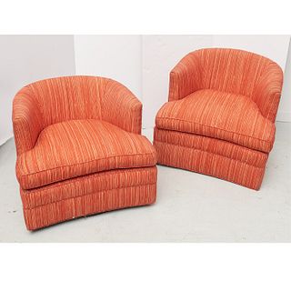 Pair upholstered swivel barrel back chairs