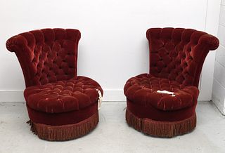 Pair Victorian button tufted velvet slipper chairs