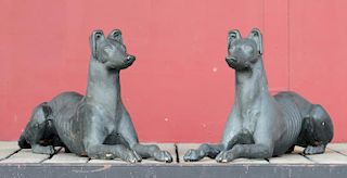 PAIR OF ENGLISH BLACK PAINTED METAL WHIPPETS, 19TH CENTURY