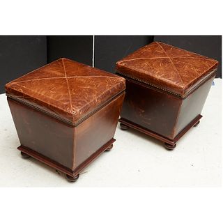 Pair Designer distressed leather storage stools