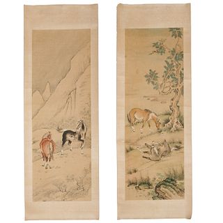Chinese School, pair equine scroll paintings