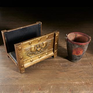 Antique fire bucket and brass firewood cradle