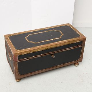 Campaign style tacked leather trunk