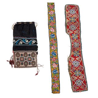 Cree beaded bag and (2) textile panels