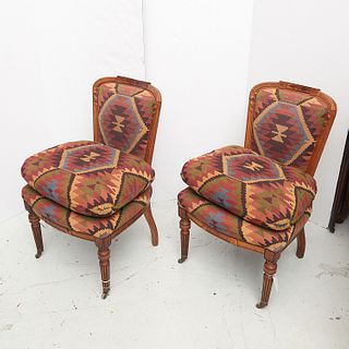 Pair Victorian Eastlake upholstered walnut chairs