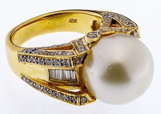 18k Gold, Pearl and Diamond Ring