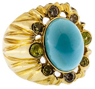 18k Gold, Persian Turquoise and Diamond Ring