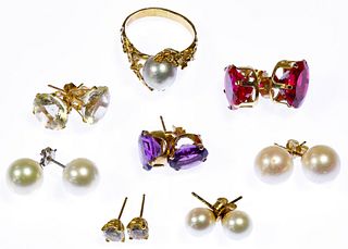 14k Gold, Gemstone and Pearl Earring and Ring Assortment