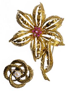 18k Gold and Ruby Brooch and 14k Gold Pin