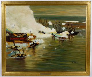 R Robinson (American, 20th Century) 'Battle of Mobile Bay' Oil on Canvas
