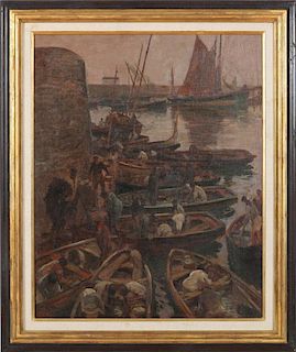 CHARLES FOUQUERAY (1869-1956): FISHING BOATS AT THE DOCK