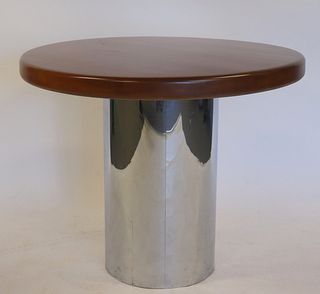 Milo Baughman Style Round Wood Top Pedestal Table