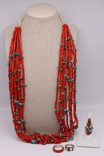 JEWELRY. Southwest Coral Jewelry Grouping.
