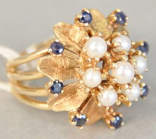 14k gold cocktail ring set with sapphires and pearls, size 6 1/4, 9.9 gr.