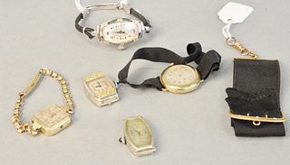 Five ladies wrist watches, one is 18k four are 14k, including Movado white and yellow gold with sapphire tip.