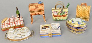 Seven Limoge Peint Main trinket boxes including: garden tote; picnic setting; lift-top desk; cookbook; basket with kitten; egg; and tea party, all mar