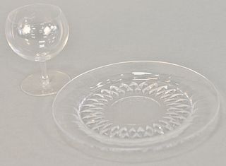 Val St. Lambert glassware, twenty-two pieces, all signed "SL" including: set of thirteen cut glass plates, 7 1/2" diam. and set of nine short goblets,