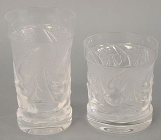 Set of fifteen Lalique goblets, eight 5" tall glasses and seven 2 2/3" short, all having clear glass with frosted central body with flying bird's mark