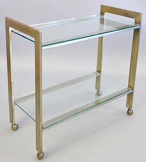 Contemporary two-tiered tea/bar cart, glass top, metal frame, on castor wheels, ht. 32 1/4", wd. 33", dp. 16 1/2".
