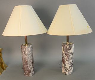 Pair of Walter von Nessen table lamps, American Modern red marble in cylindrical form, model no. NT1060, 30" h.