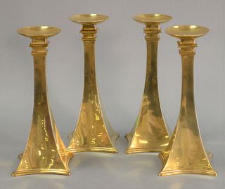 Set of four modern brass candlesticks, tapered neck terminates in square flared base, 11 1/4" h., [Provenance: Estate of William and Teresa Patton, La