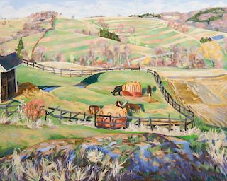 JOELLYN DUESBERRY (b. 1944): COOK'S FIELD AND COWS AND PUGSLEY HILL, MILLBROOK