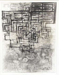David Dupuis (b.1959), ink and watercolor on paper, maze-like motifs layered, framed and matted under glass, 12 1/4" x 9".