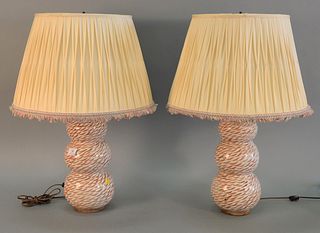 Pair of ceramic lamps, stacked sphere body with red accents, ht. 27", Provenance: An Estate from 5th Avenue, New York.
