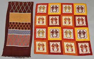 Two Hermès silk scarves, wool/silk blend includes one mauve and a gold design; one "Brides de Gala" both with light wear.