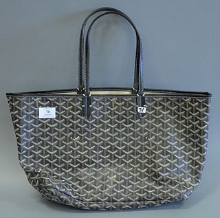 Goyard Saint Louis PM tote bag, coated canvas and leather, black, brown and white with black leather handles, ht. 10", wd. 18", dp. 5", marked "Goyard