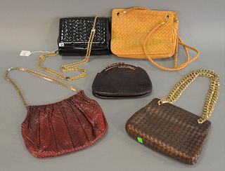 Five purses to include: three Bottega Veneta purses, one tan leather with signature woven pattern, woven leather strap, ht. 7", wd. 10", dp. 3 1/2", o