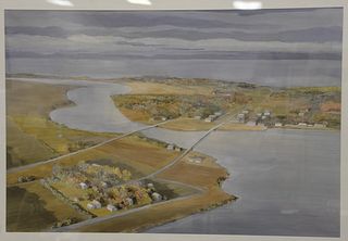 Watercolor on paper, 1983, depicts an aerial landscape with curving river, illegibly signed lower right, artist unknown, sight size: 31" x 46 1/2", Pr