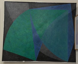 Rubashov oil on canvas, blue, green and black abstract form, signed "Rubashov, 1981" verso, canvas 54" x 66", Provenance: Property from the Credit Sui