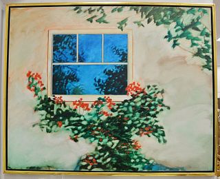 Artist unknown, 1992, depicts red flowering bush and window, illegibly signed lower right, framed, canvas 48 1/4" x 60", [Provenance: Property from th