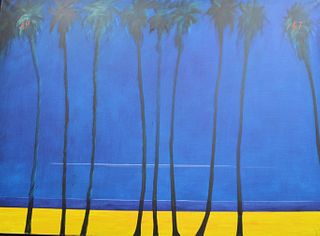 "Seven palms", 1987, oil on canvas, depicts palm trees against dark blue sky, red, "No.9" top left and "No. 7" top right, illegibly signed lower right
