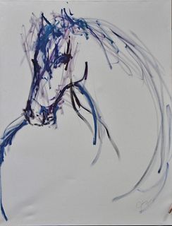 Josée Nadeau (Canadian, b. 1963), oil on canvas, depicts sketch of horse in blue and purple, signed lower right, 70" x 53 3/4".